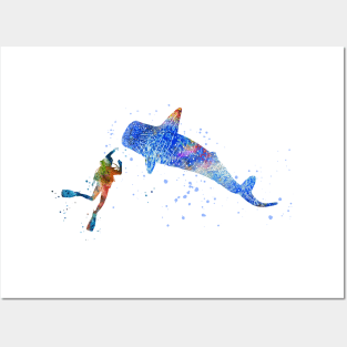 Scuba diver, blue whale shark Posters and Art